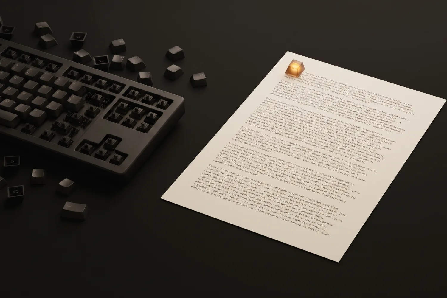 Illustration: a keyboard shedding its keycaps beside a full page of freshly dictated text, one amber-lit key resting on the page.