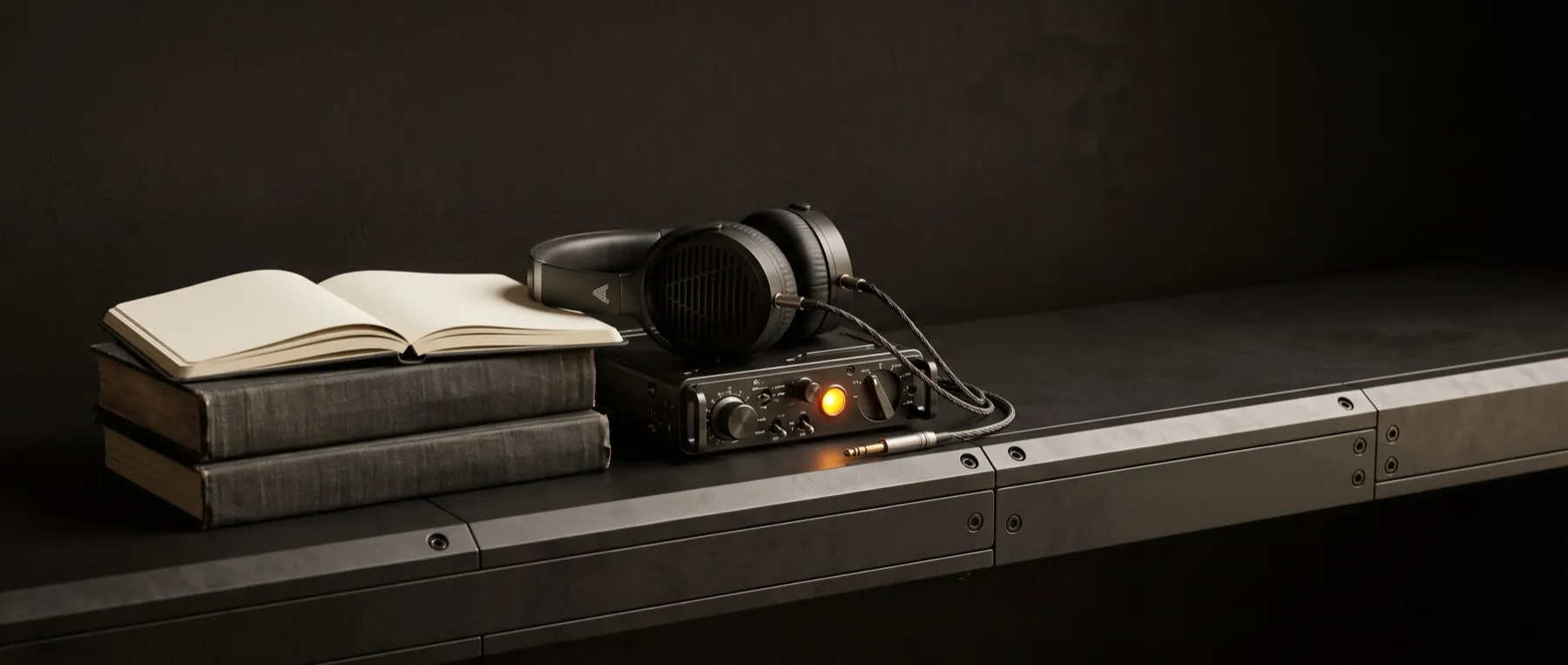 Cloth-bound books and an open notebook beside studio headphones on a machined instrument deck