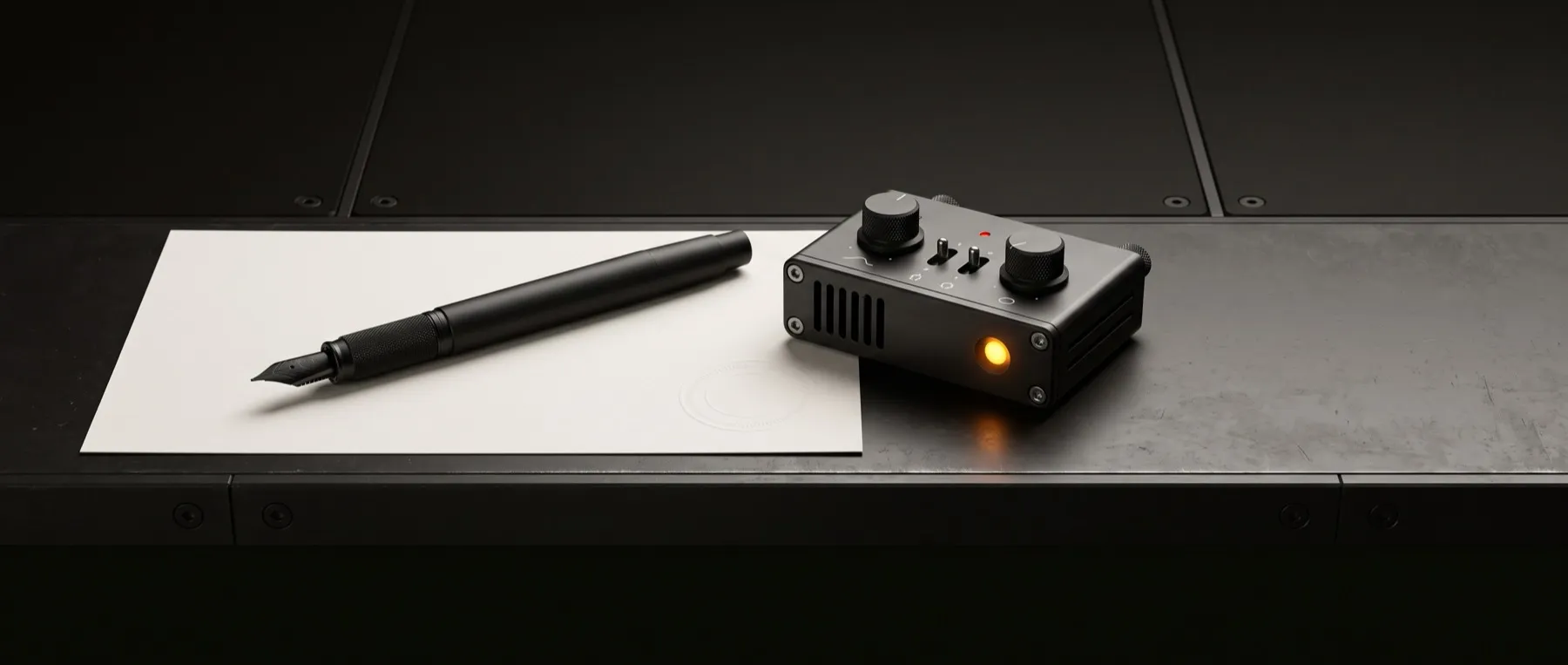 Matte black fountain pen on a bone-white document beside a machined desk instrument with an amber lamp