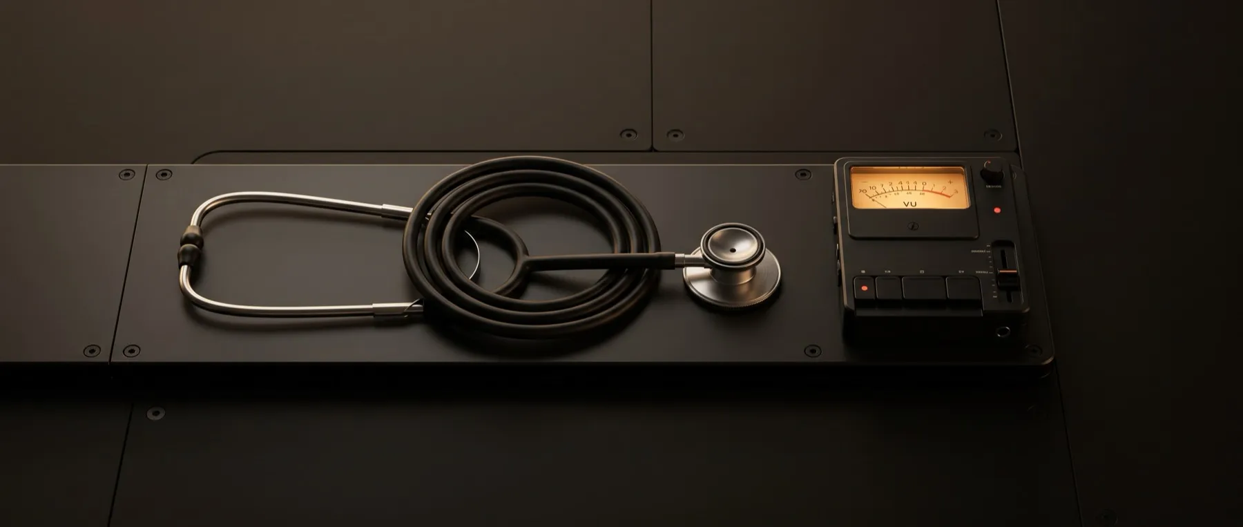 Stethoscope coiled on a machined field-recorder deck beside an amber VU meter with a red record dot