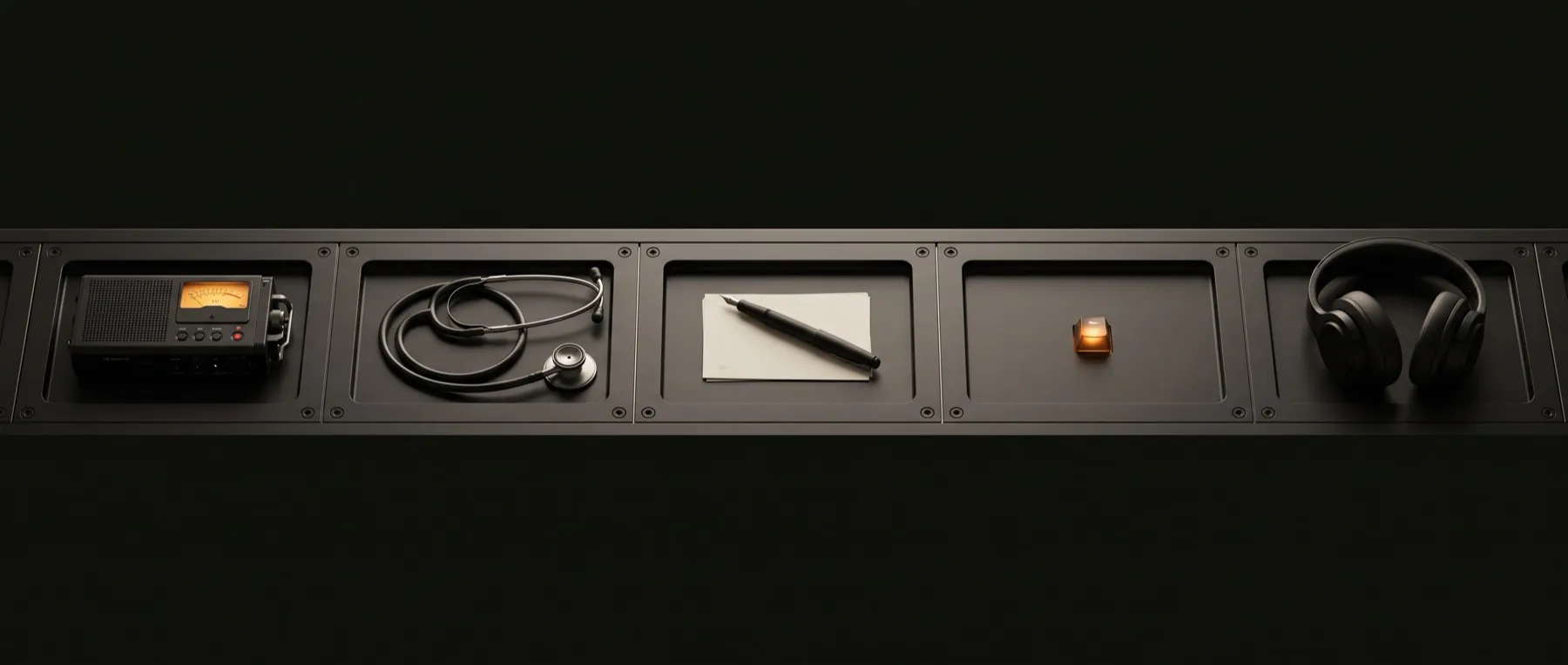 A lineup of precision instruments in recessed bays on one machined recorder deck