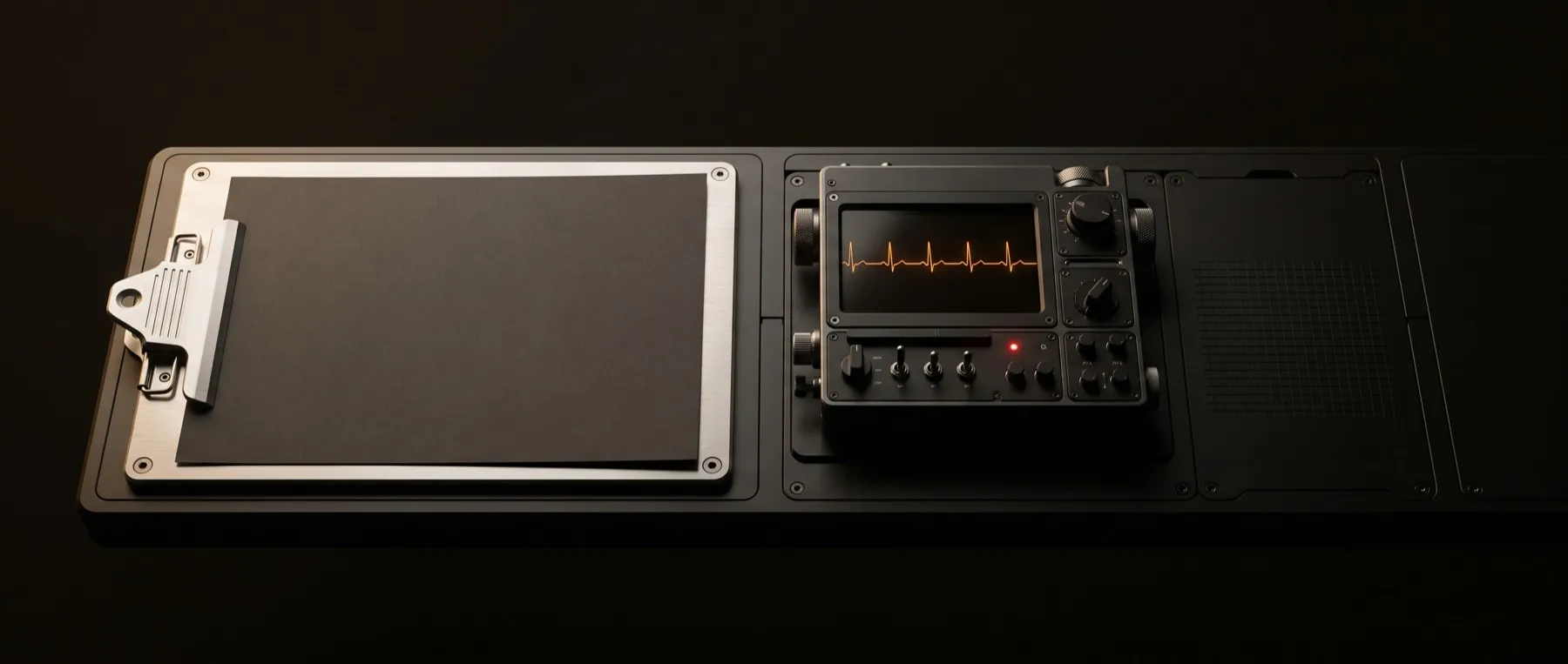 Machined clipboard and a compact clinical instrument with an amber pulse trace on a dark recorder deck